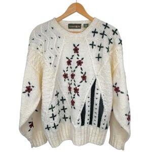 Vintage Outback Red Sweater Womens L Floral Hearts‎ Grandma Embroidered Chunky